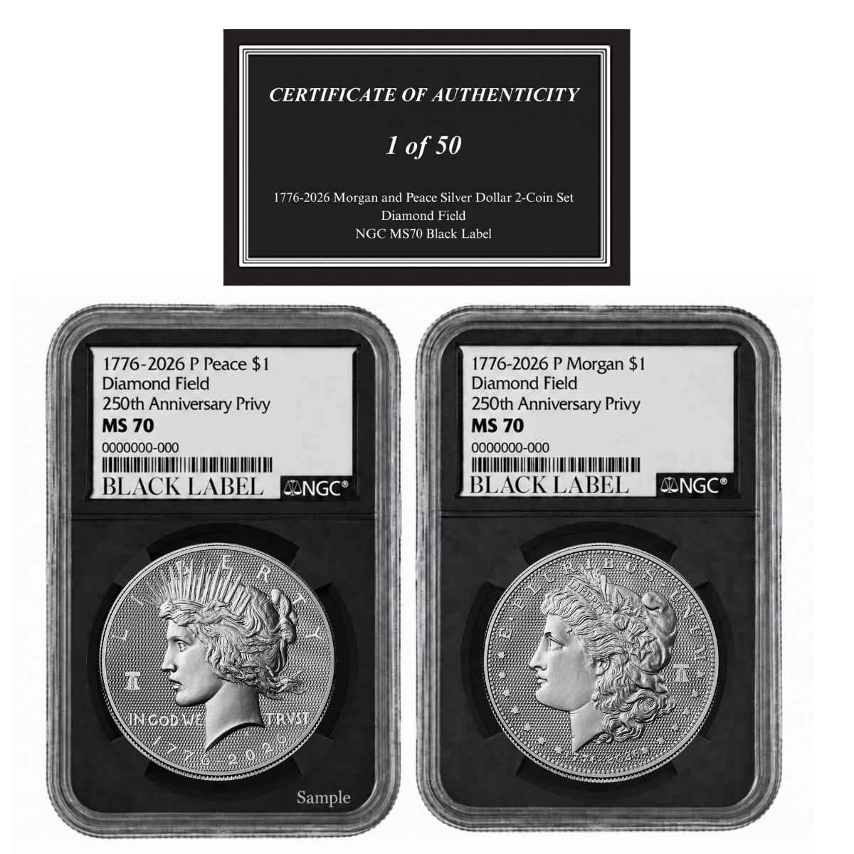  1776-2026 Diamond Field Morgan and Peace Silver Dollar Set NGC MS70 Black Label 1 of 50 