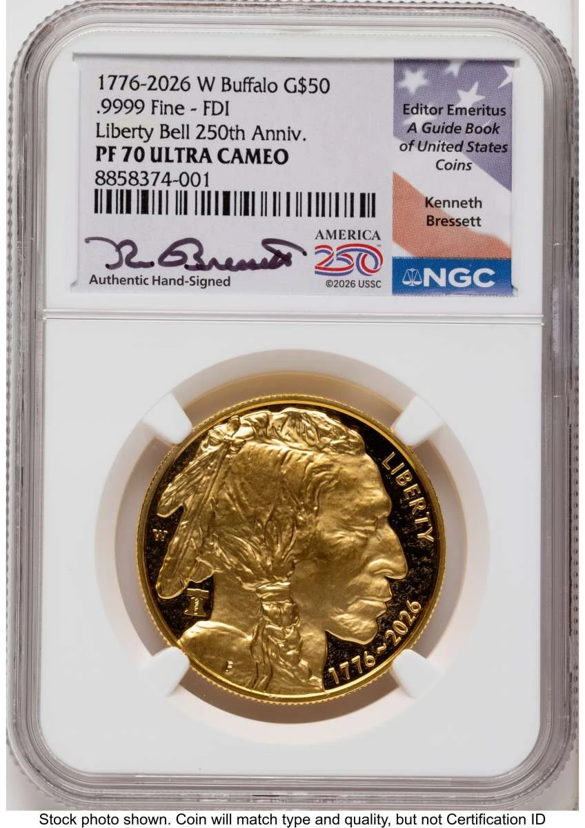 Bullionshark 2026-W G$50 Proof 1 oz American Gold Buffalo Coin NGC PF70 UCAM - Liberty Bell 250 Privy - First Day of Issue - HAT789229078 