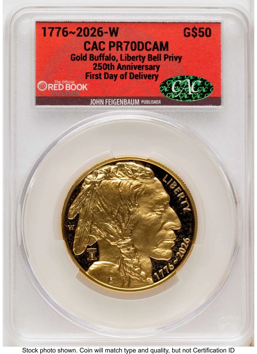 Bullionshark 2026-W G$50 Proof 1 oz American Gold Buffalo Coin CACG PR70 DCAM - Liberty Bell 250 Privy - First Day of Issue - HAT525065025 