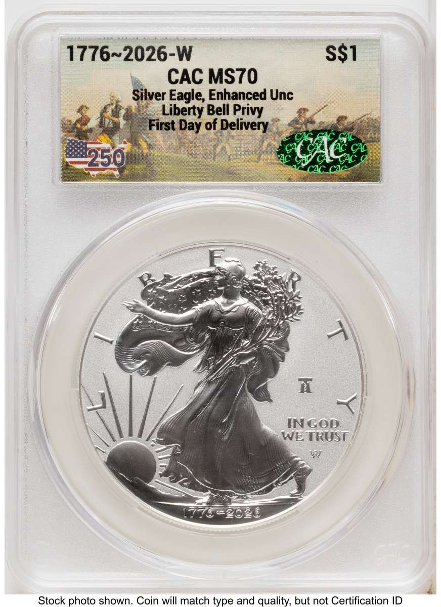 2026-W S$1 American Silver Eagle Coin CACG MS70 - Enhanced - Liberty Bell Privy - First Day of Issue coin front image