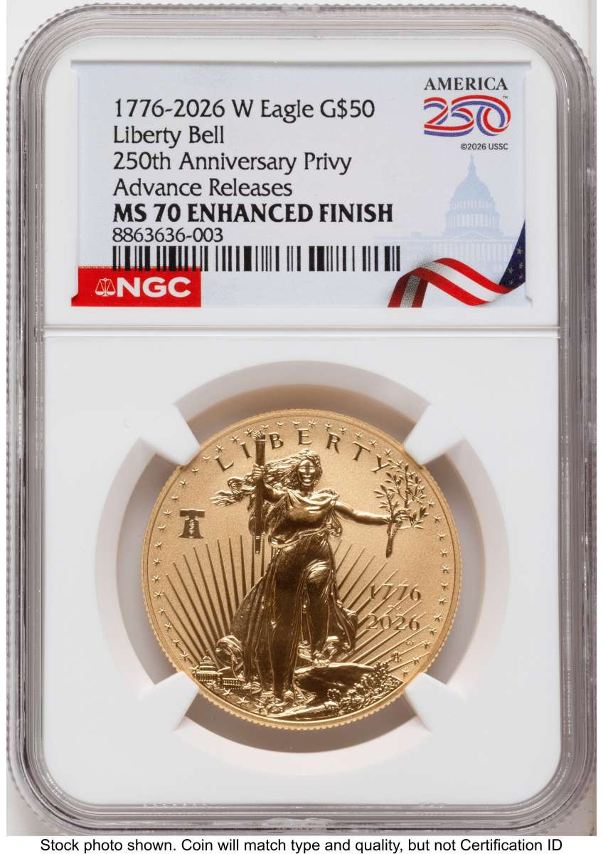 Bullionshark 2026-W G$50 1 oz American Gold Eagle Coin NGC MS70 - Enhanced - Liberty Bell 250 Privy - HAT525257075 