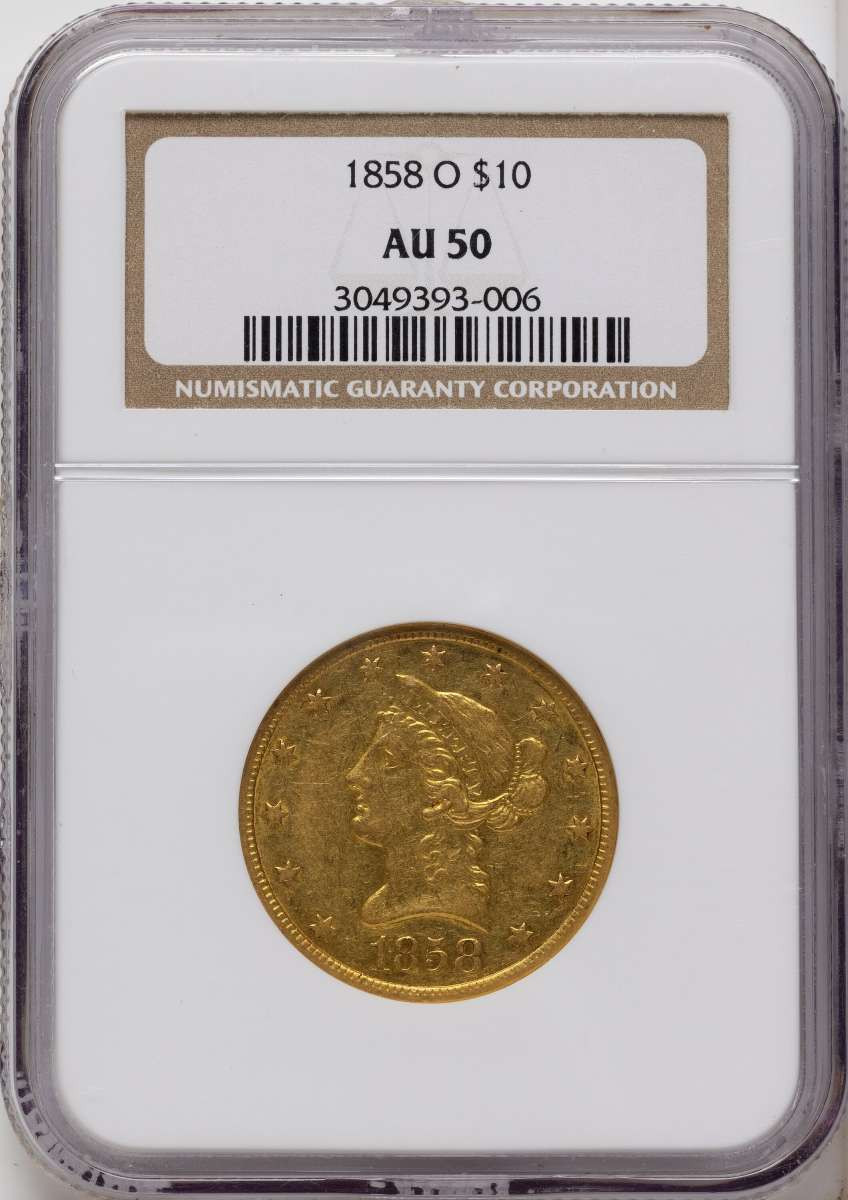 Bullionshark 1858-O $10 Gold Liberty NGC AU50 - HAT508517002 