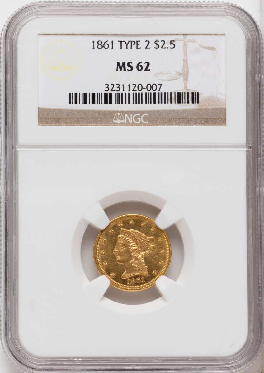Bullionshark 1861 $2.5 Liberty Gold Quarter Eagle Coin NGC MS62   New Reverse - Type Two - HAT790853018 
