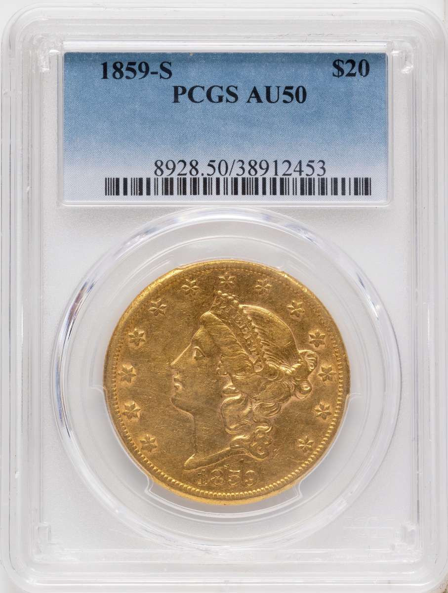 Bullionshark 1859-S $20 Gold Liberty Double Eagle PCGS AU50 - HAT791086037 