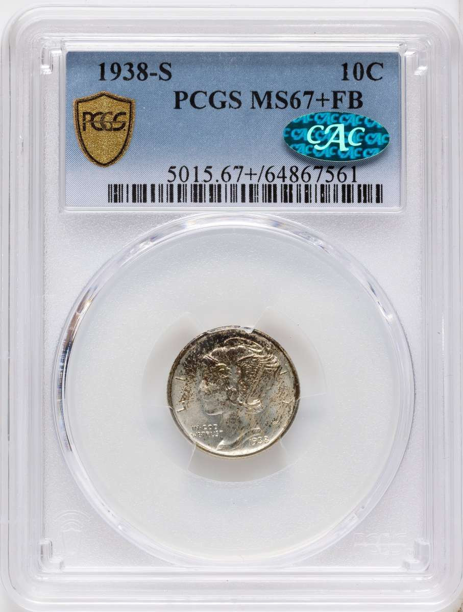 Bullionshark 1938-S 10C Mercury Dime Coin PCGS MS67  CAC + - HAT780611005 