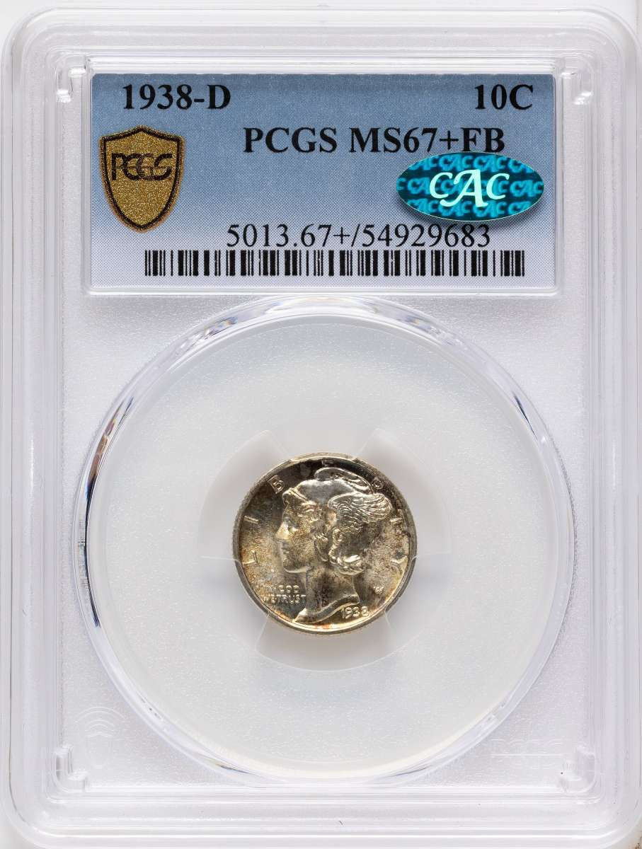 Bullionshark 1938-D 10C Mercury Dime Coin PCGS MS67  CAC + - HAT789188001 