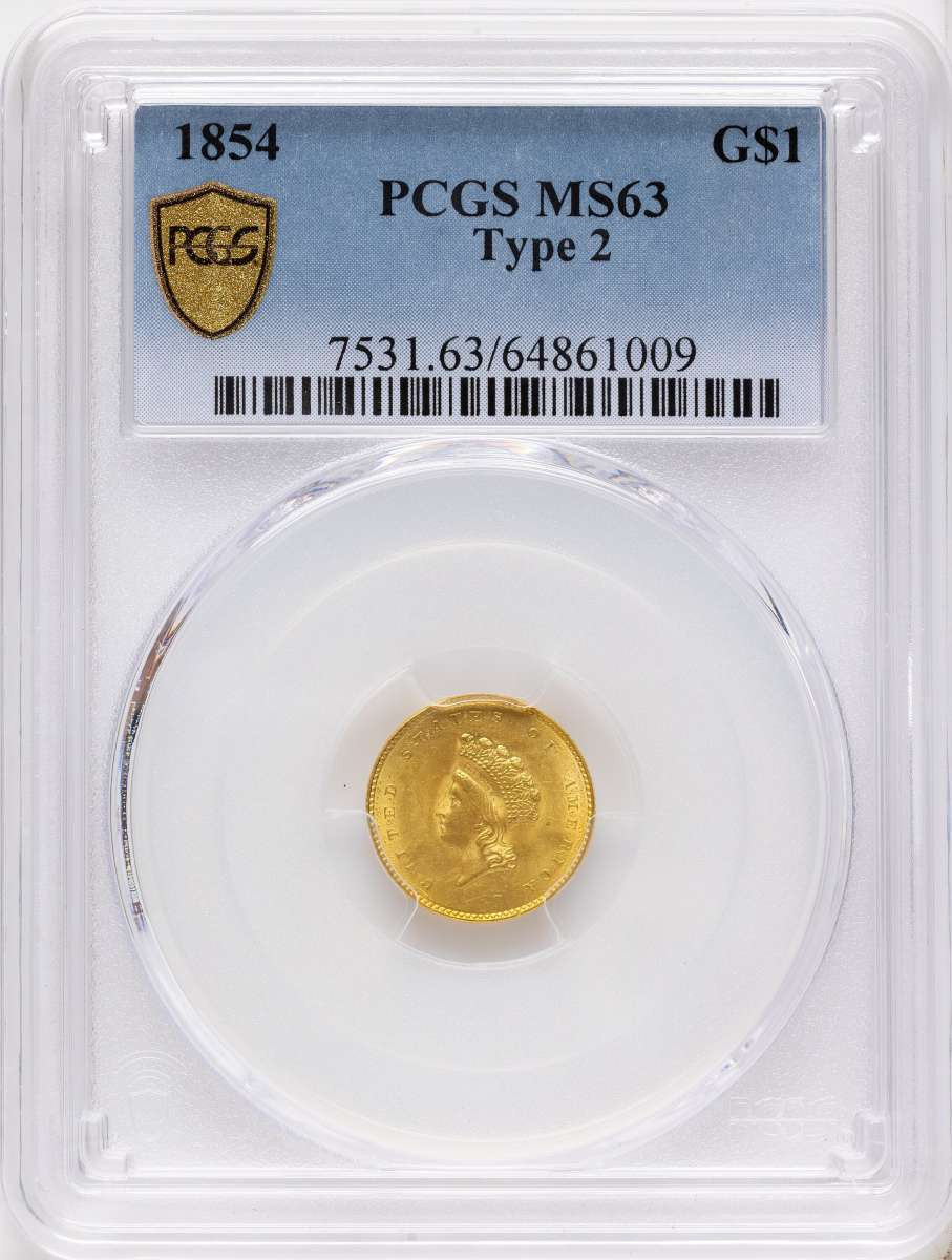 Bullionshark 1854 G$1 Gold Dollar Coin PCGS MS63   Type Two - HAT786472012 