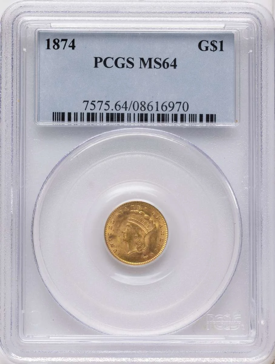 1874 G$1 Gold Dollar Coin PCGS MS64 coin front image