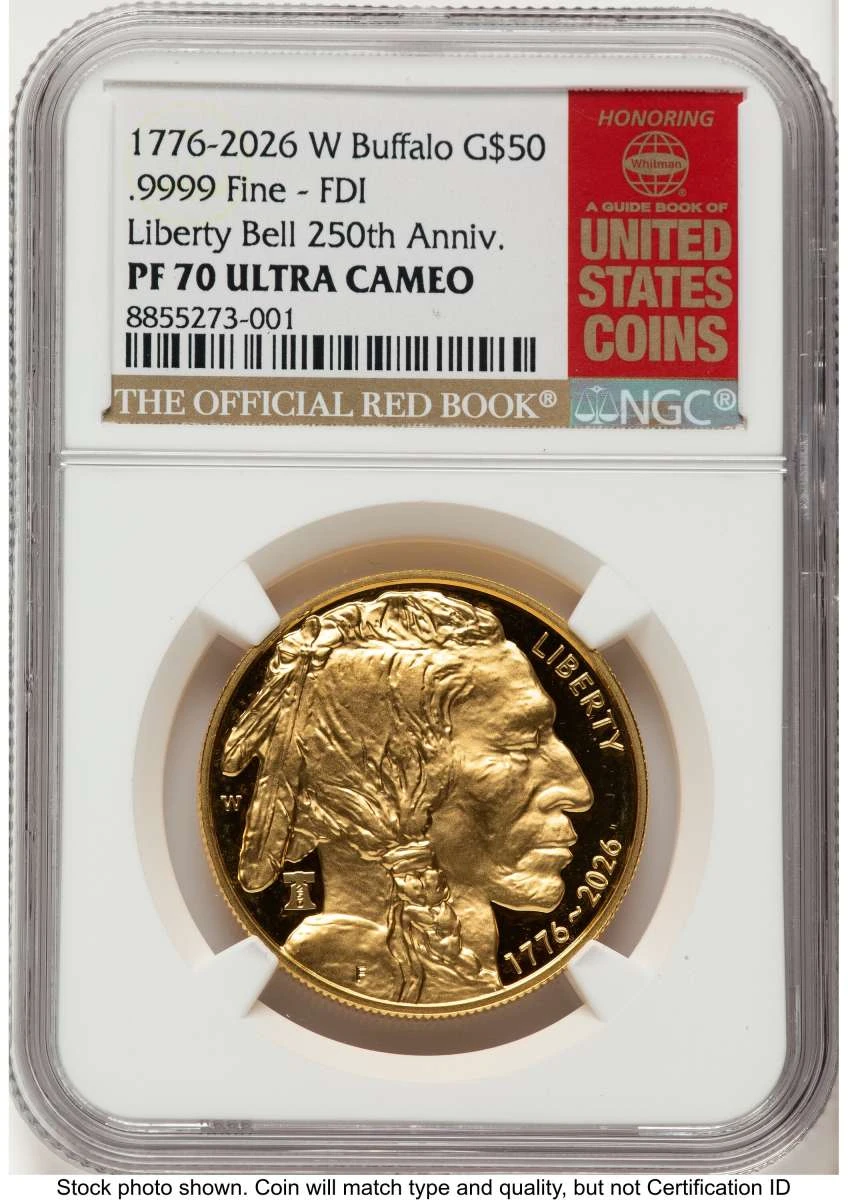 Bullionshark 2026-W G$50 Proof 1 oz American Gold Buffalo Coin NGC PF70 UCAM - Liberty Bell 250 Privy - First Day of Issue - HAT789229084 