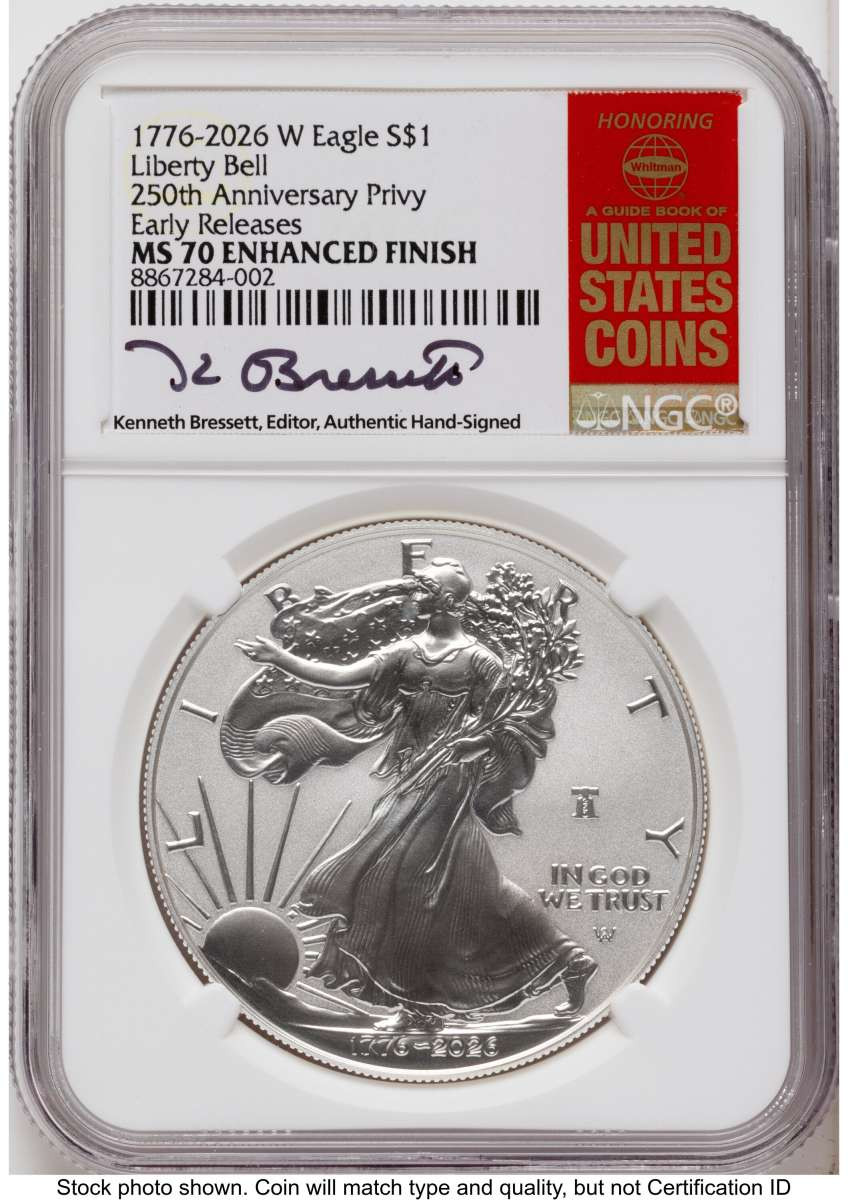 Bullionshark 2026-W S$1 American Silver Eagle Coin NGC MS70 - Enhanced - Liberty Bell Privy - HAT525239073 