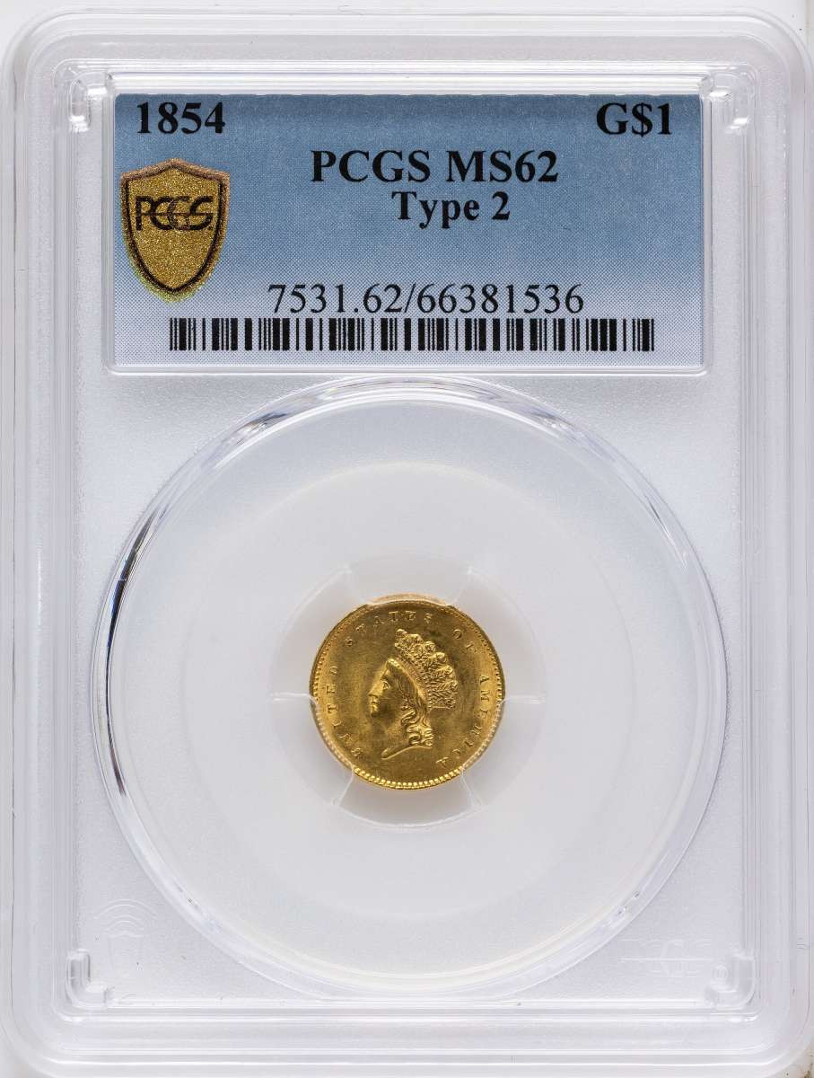 1854 G$1 Gold Dollar Coin PCGS MS62   Type Two coin front image
