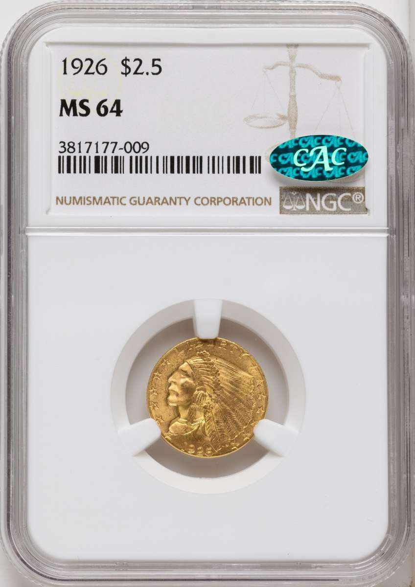 1926 $2.5 Indian Gold Quarter Eagle Coin NGC MS64  CAC coin front image