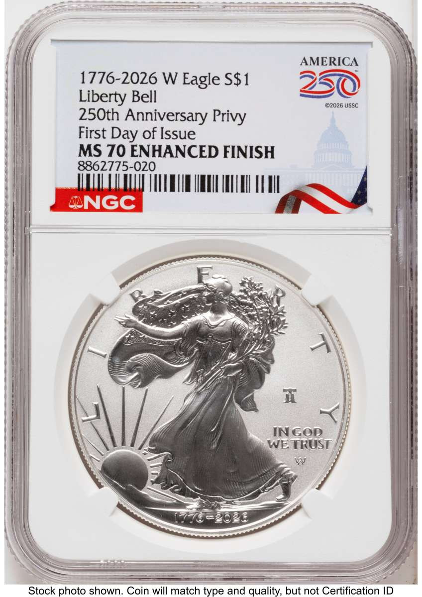 Bullionshark 2026-W S$1 American Silver Eagle Coin NGC MS70 - Enhanced - Liberty Bell Privy - First Day of Issue - HAT525154045 