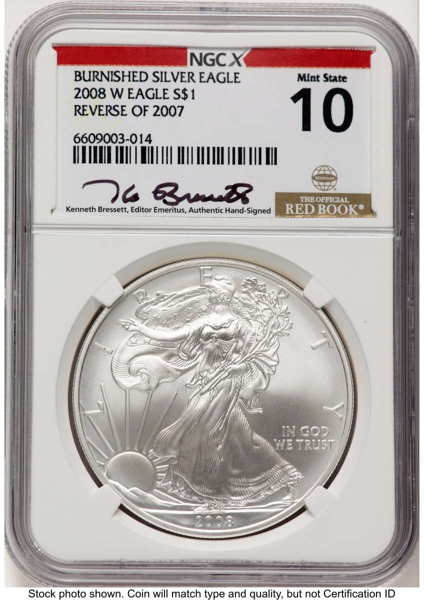 2008-W S$1 Burnished American Silver Eagle Coin NGCX 10 - Reverse of 2007 coin front image
