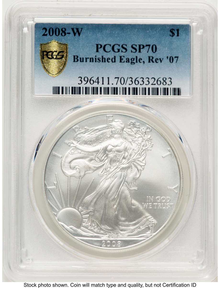 2008-W S$1 Burnished American Silver Eagle Coin PCGS MS70 - Reverse of 2007 coin front image
