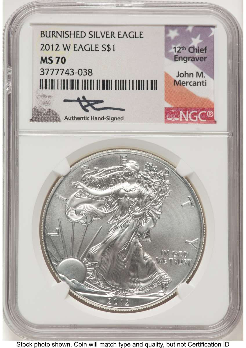 2012-W S$1 Burnished American Silver Eagle Coin NGC MS70 coin front image