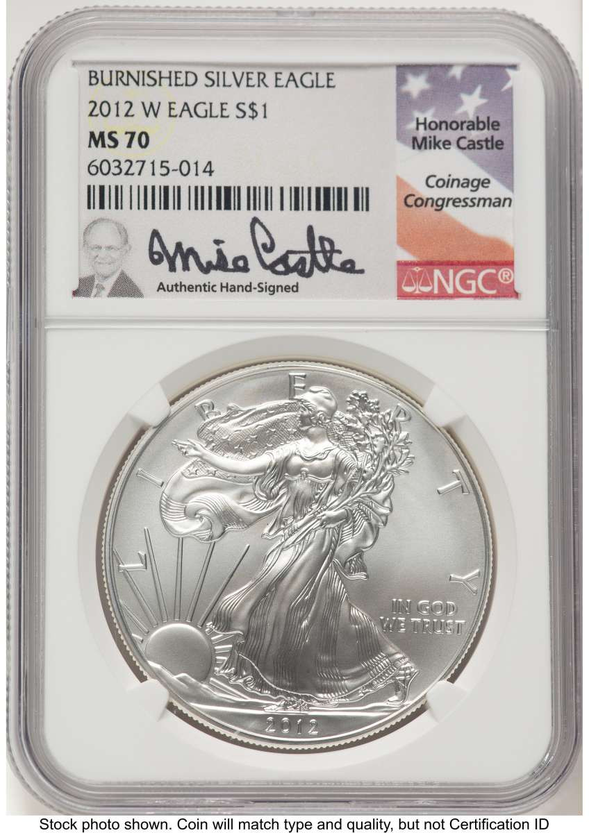 2012-W S$1 Burnished American Silver Eagle Coin NGC MS70 coin front image
