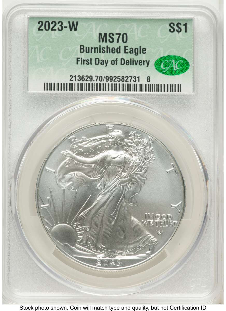 2023-W S$1 Burnished American Silver Eagle Coin CACG MS70 - First Strike coin front image