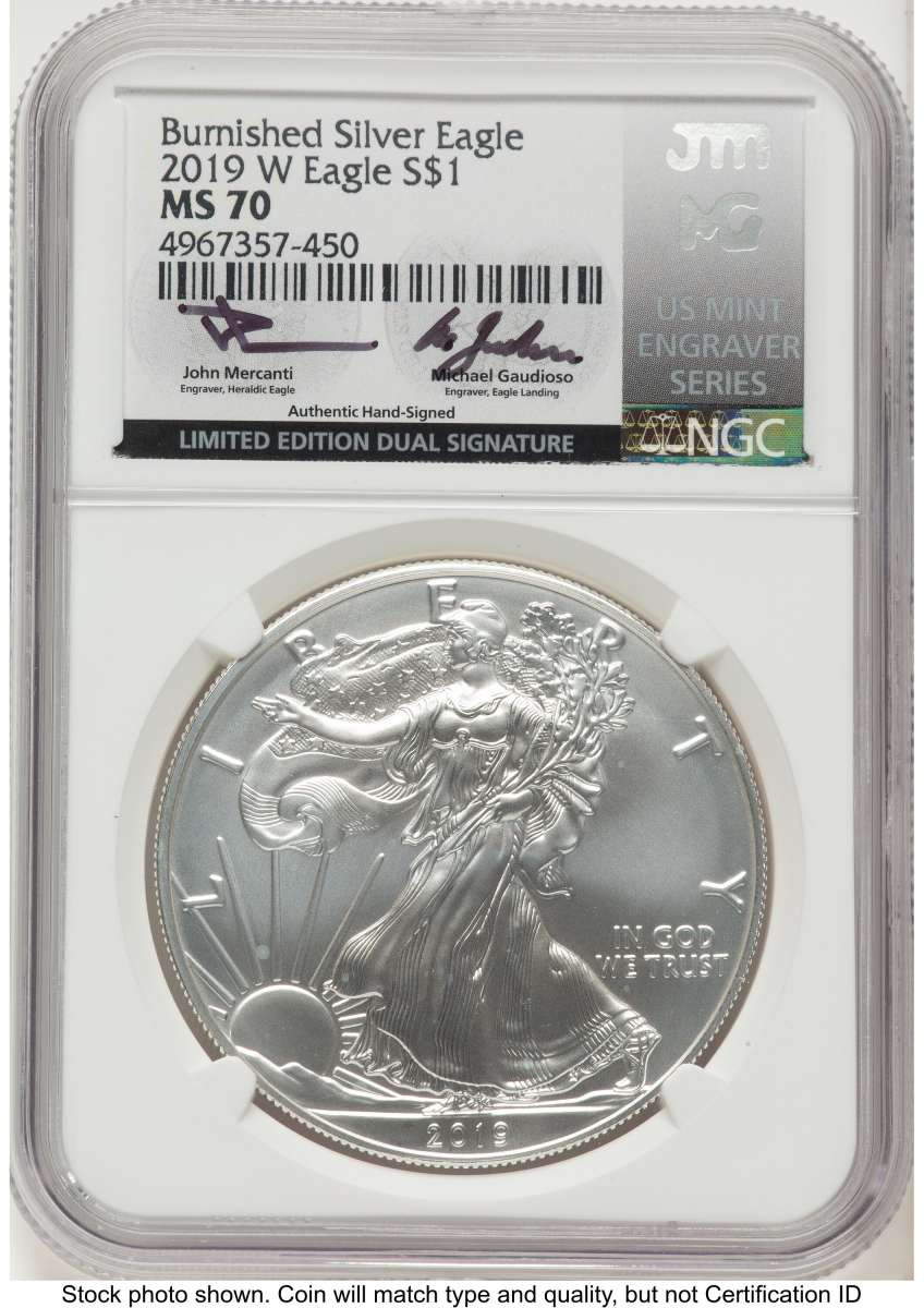 2019-W S$1 Burnished American Silver Eagle Coin NGC MS70 coin front image