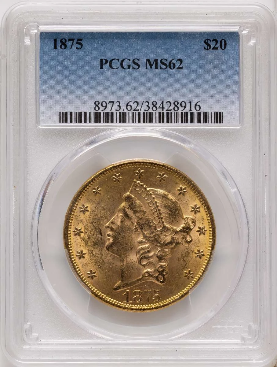 1875 $20 Gold Liberty Double Eagle PCGS MS62 coin front image