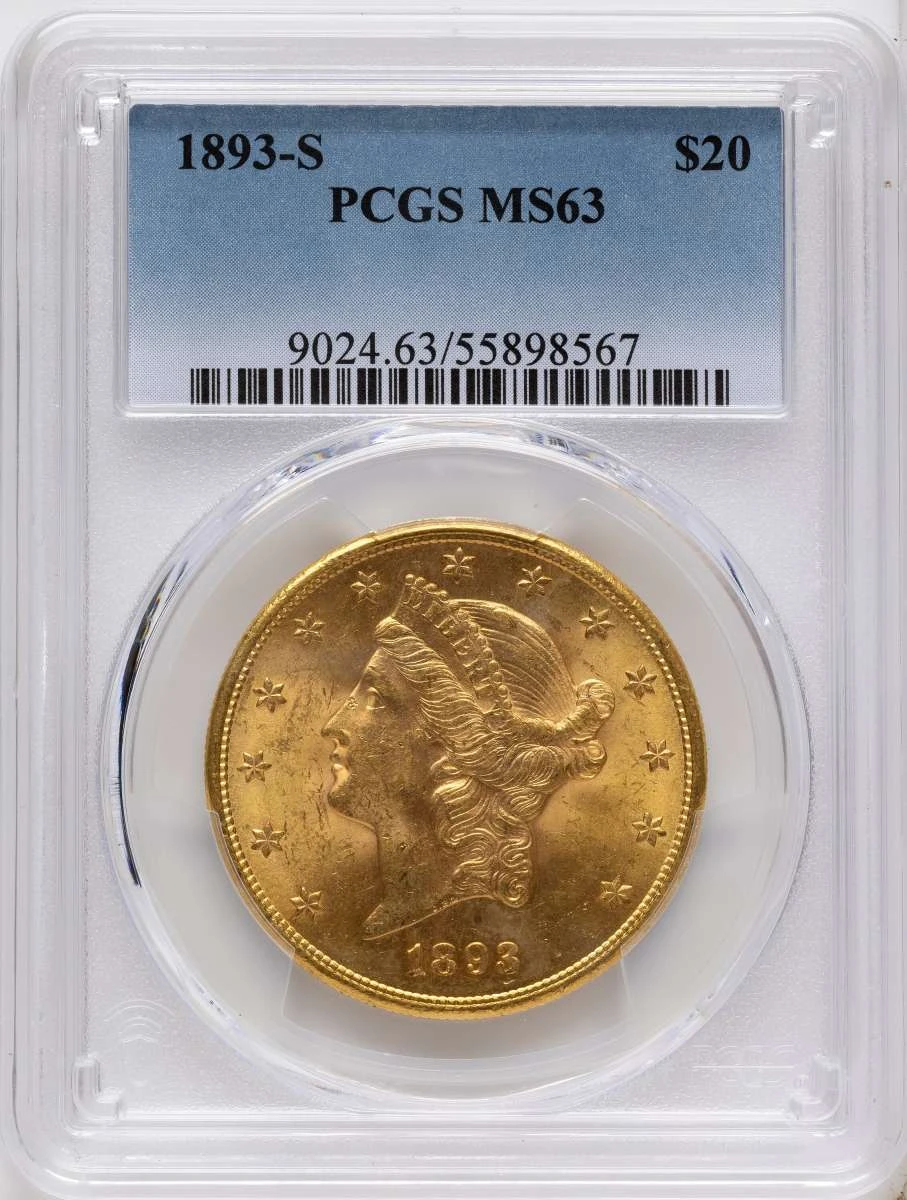 1893-S $20 Gold Liberty Double Eagle PCGS MS63 coin front image