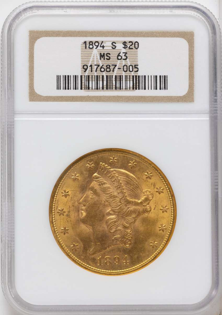 1894-S $20 Gold Liberty Double Eagle NGC MS63 coin front image