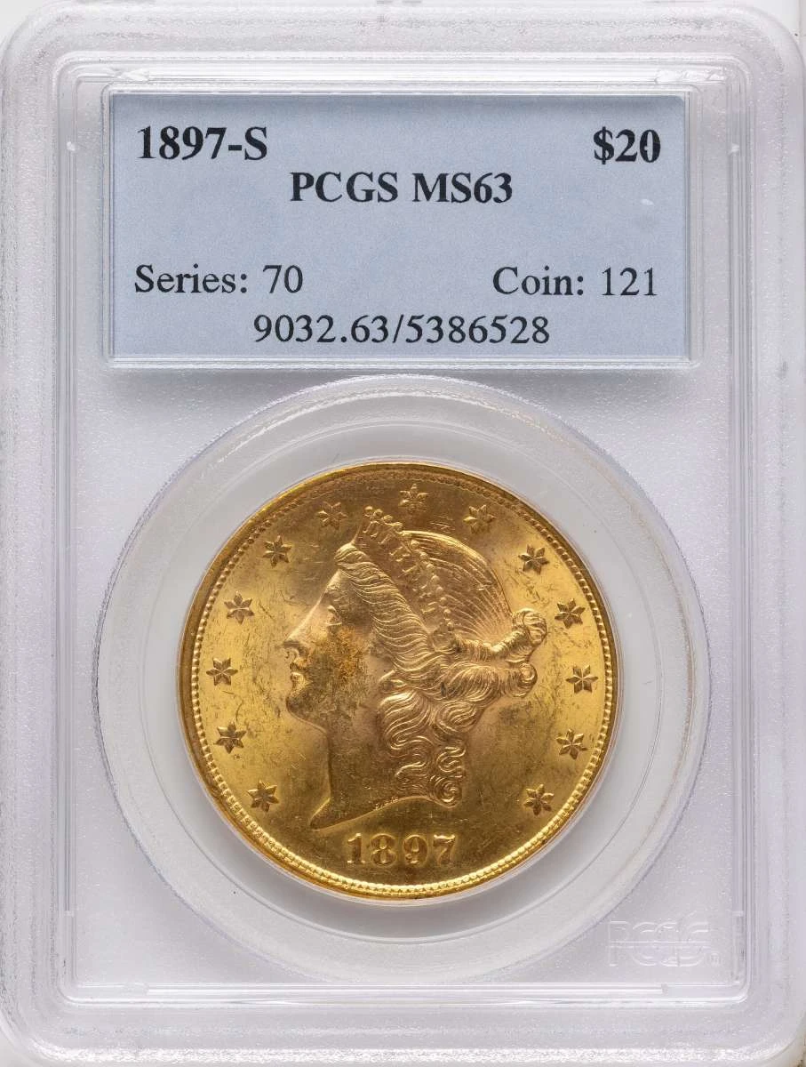 1897-S $20 Gold Liberty Double Eagle PCGS MS63 coin front image