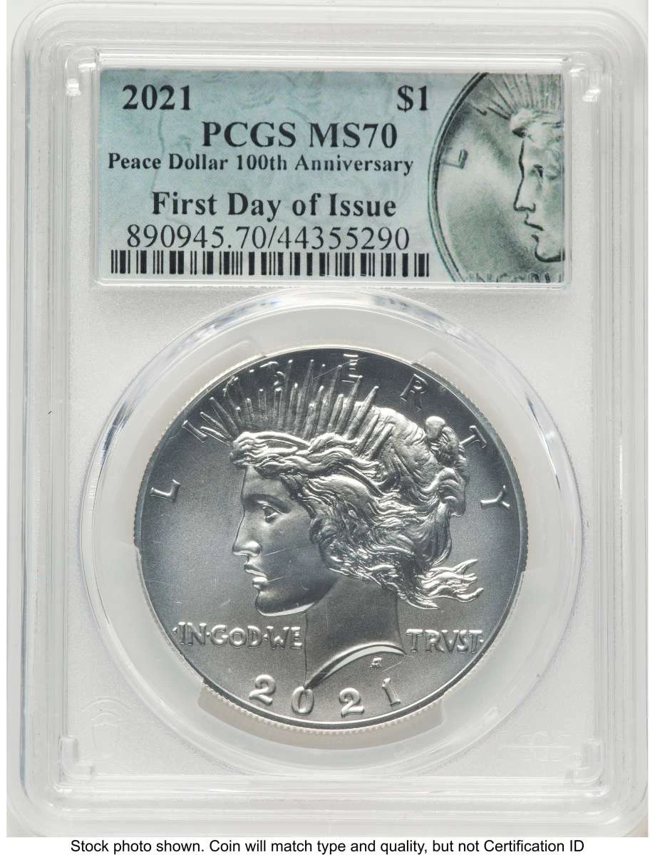 Bullionshark 2021 $1 Modern Bullion Coin PCGS MS70   Peace Dollar 100th Anniversary - First Day of Issue - HAT772135065 