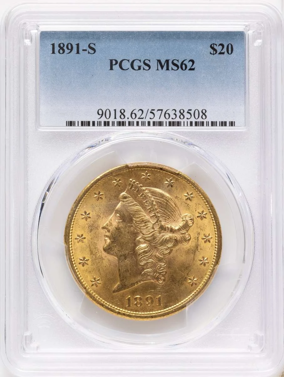 1891-S $20 Gold Liberty Double Eagle PCGS MS62 coin front image