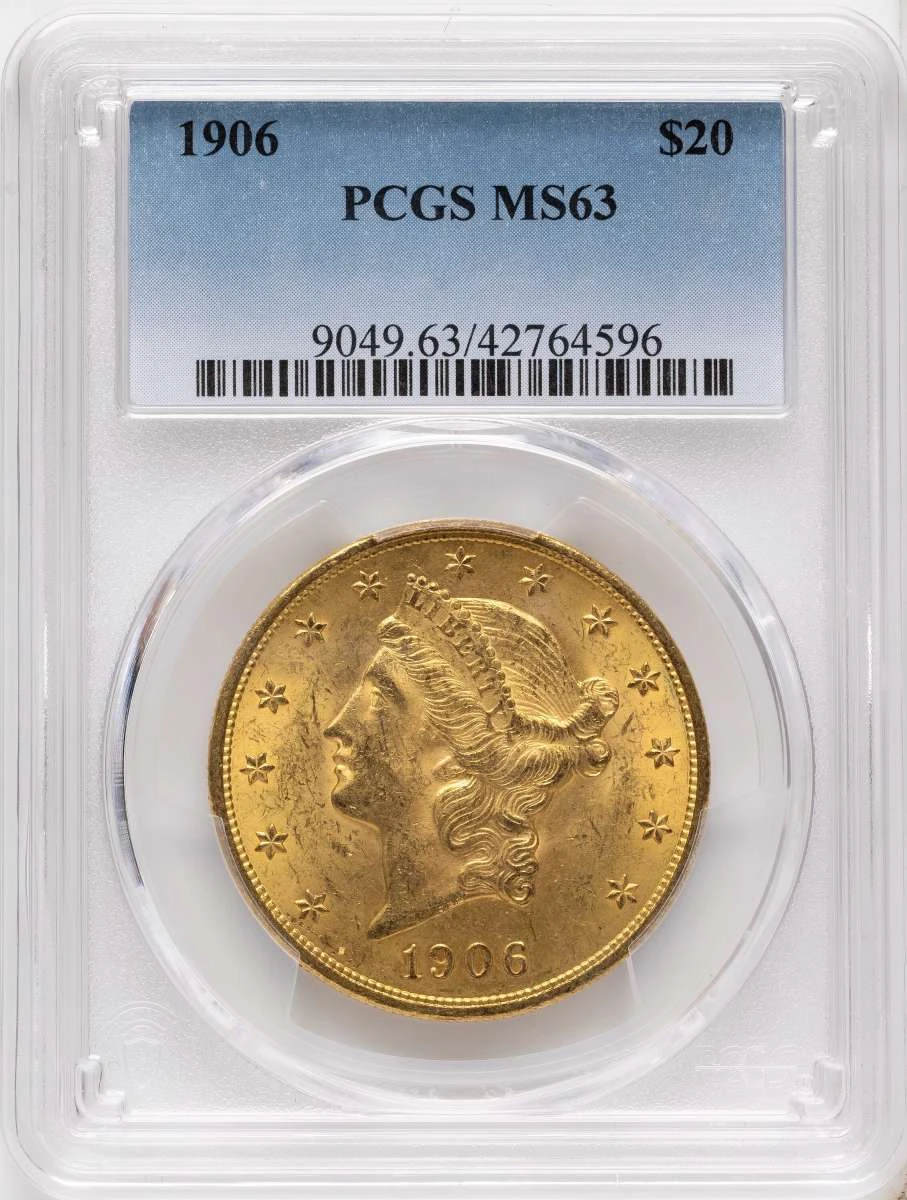 1906 $20 Gold Liberty Double Eagle PCGS MS63 coin front image