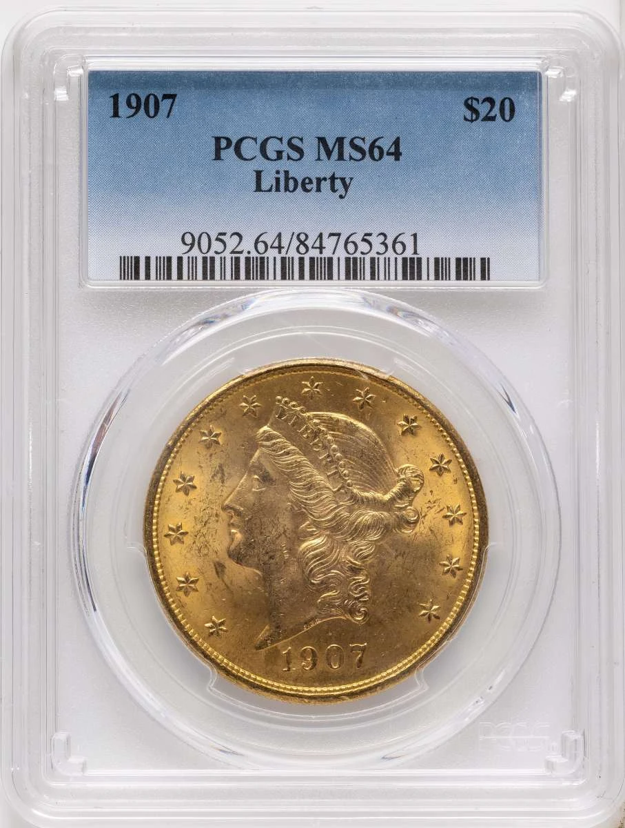 1907 $20 Gold Liberty Double Eagle PCGS MS64 coin front image