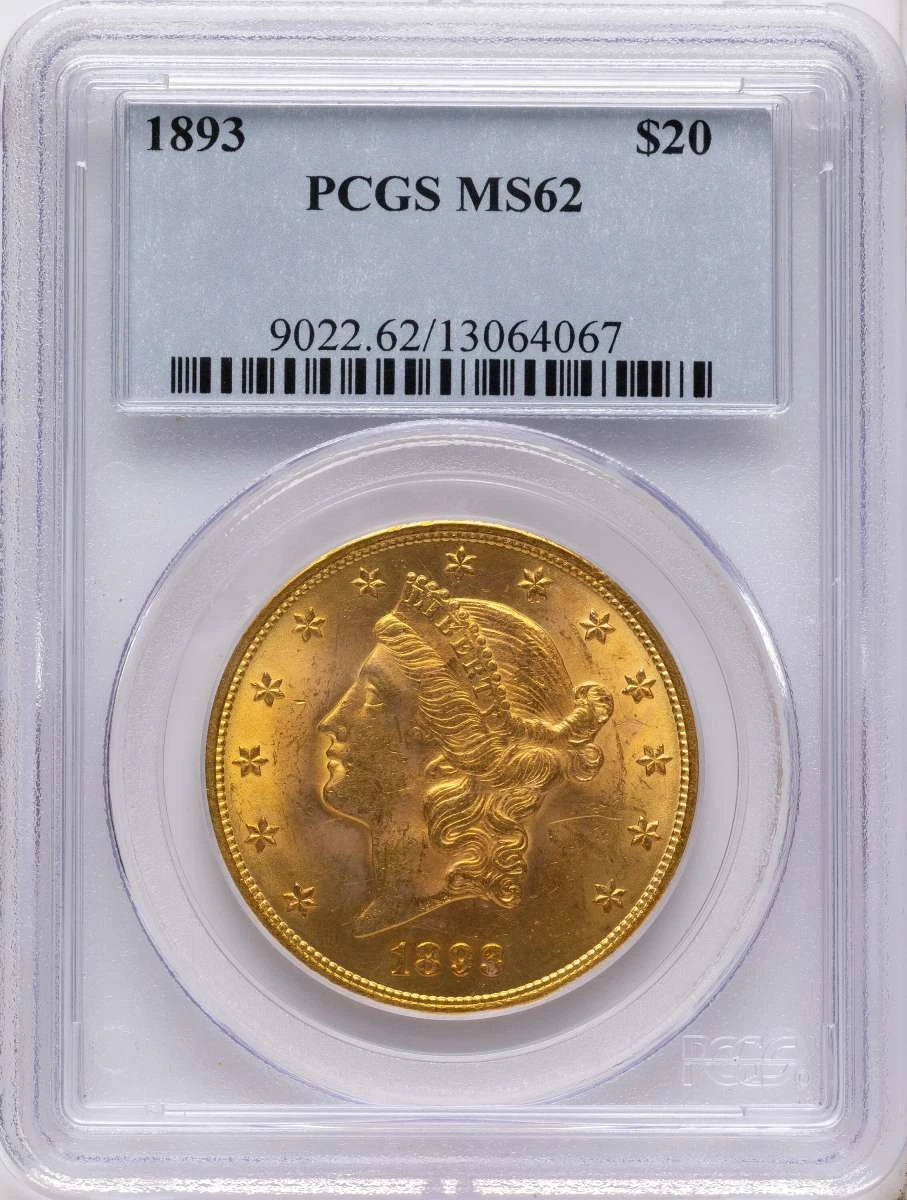 1893 $20 Gold Liberty Double Eagle PCGS MS62 coin front image