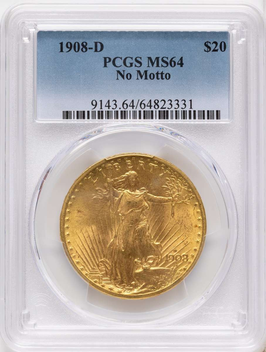 1908-D $20 Saint Gaudens Double Eagle PCGS MS64   No Motto coin front image