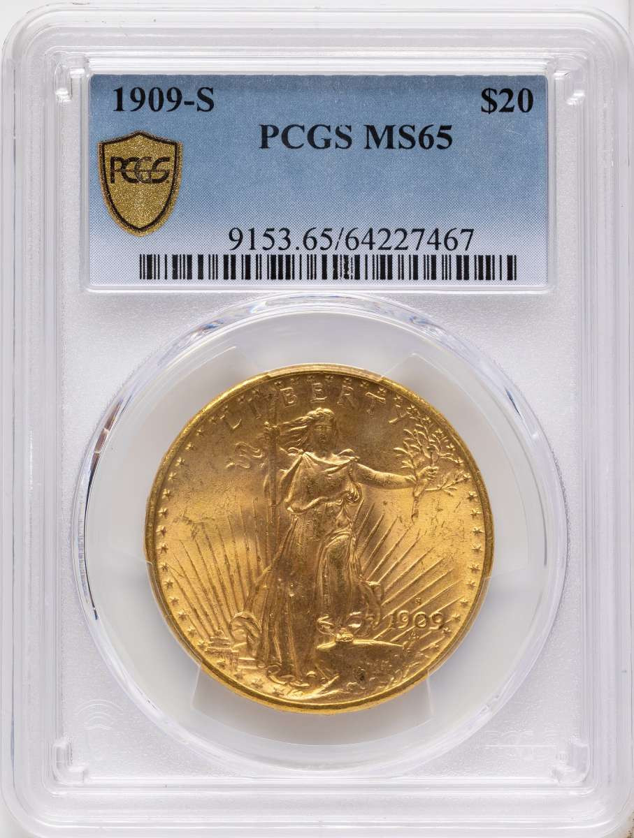 1909-S $20 Saint Gaudens Double Eagle PCGS MS65 coin front image