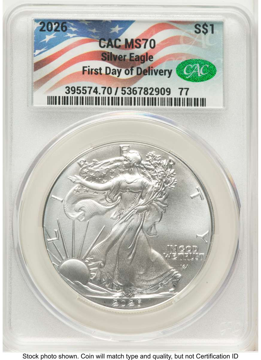 Bullionshark 2026 $1 American Silver Eagle Coin CACG MS70 - First Day of Issue - HAT523043147 