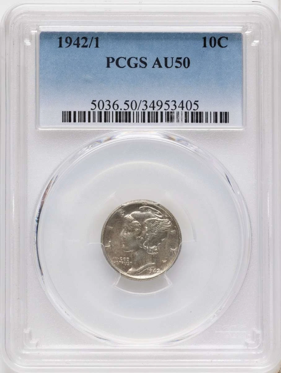 Bullionshark 1942/1 10C Mercury Dime Coin PCGS AU50 - HAT790419009 
