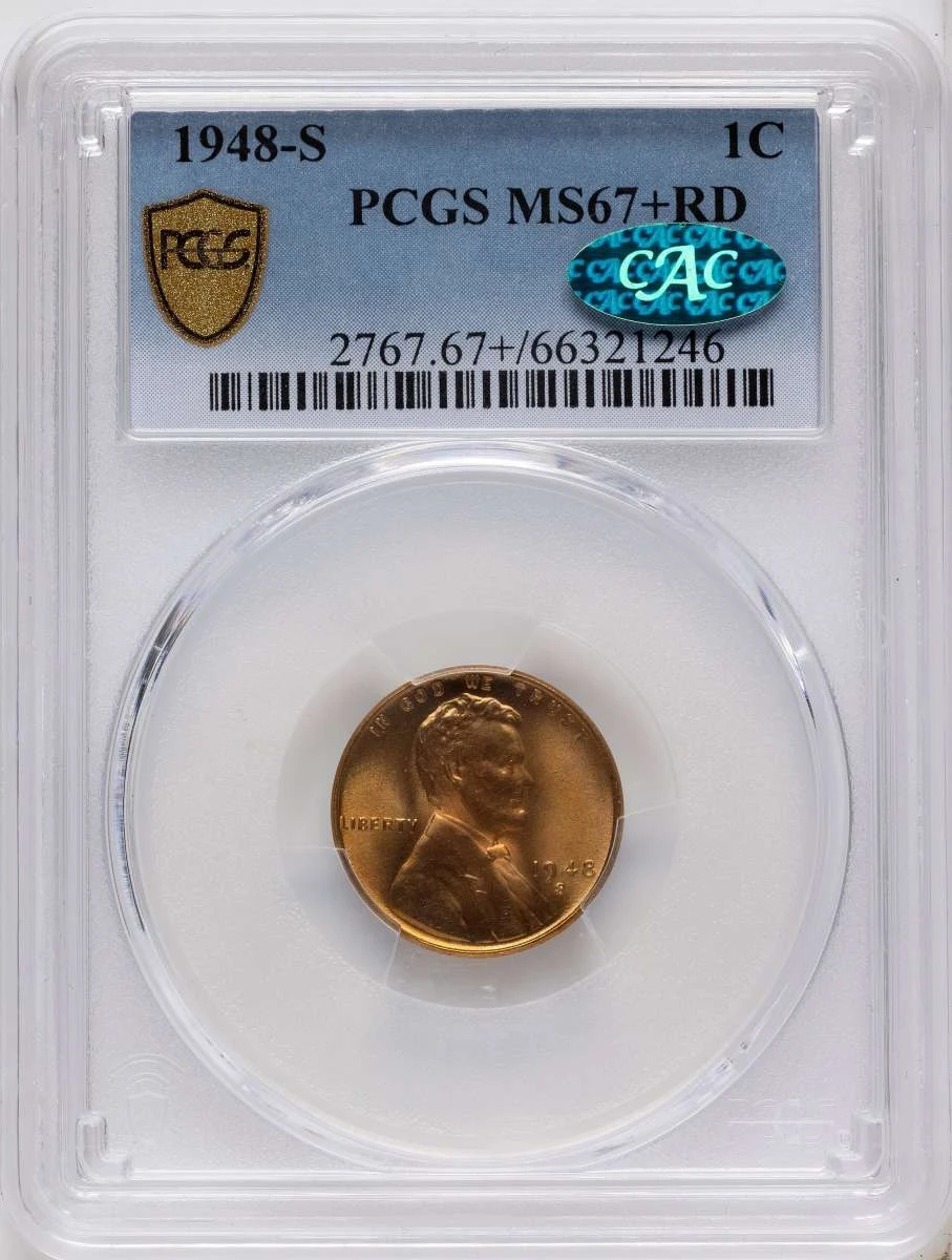 Bullionshark 1948-S 1C Lincoln Cent Coin PCGS MS67  CAC +    RD - HAT789734003 
