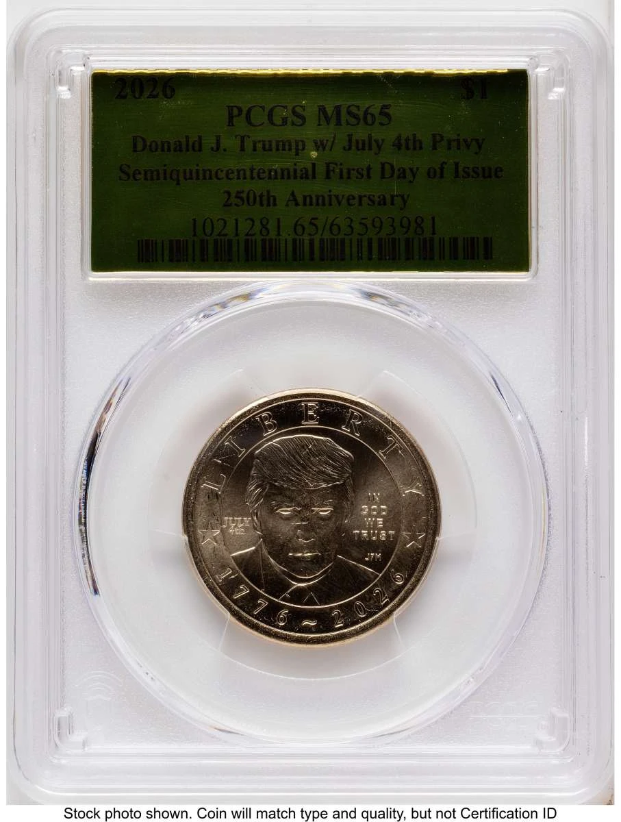 2026 $1 Modern Bullion Coin PCGS MS65   Donald J. Trump Semiquincentennial - July 4th Privy coin front image