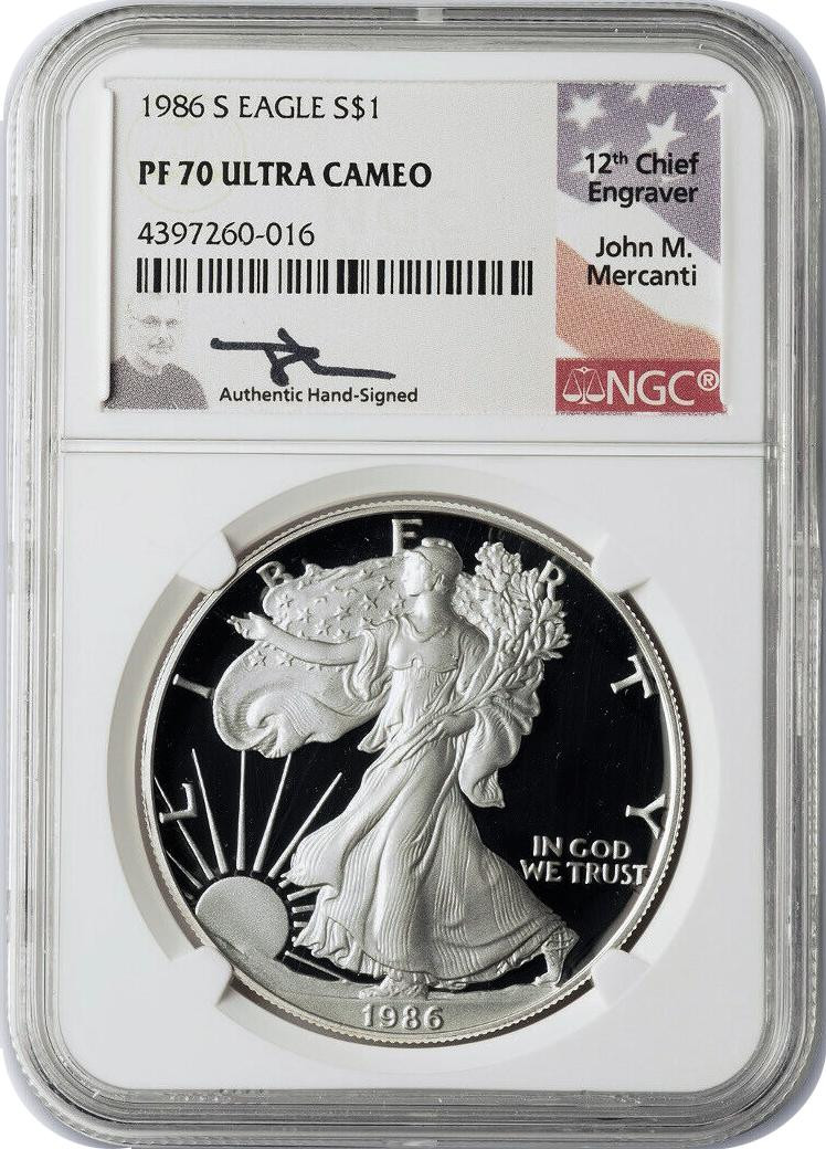 1986 & 2020 Silver Eagle NGC PF70 2-Coin Set John Mercanti Signed