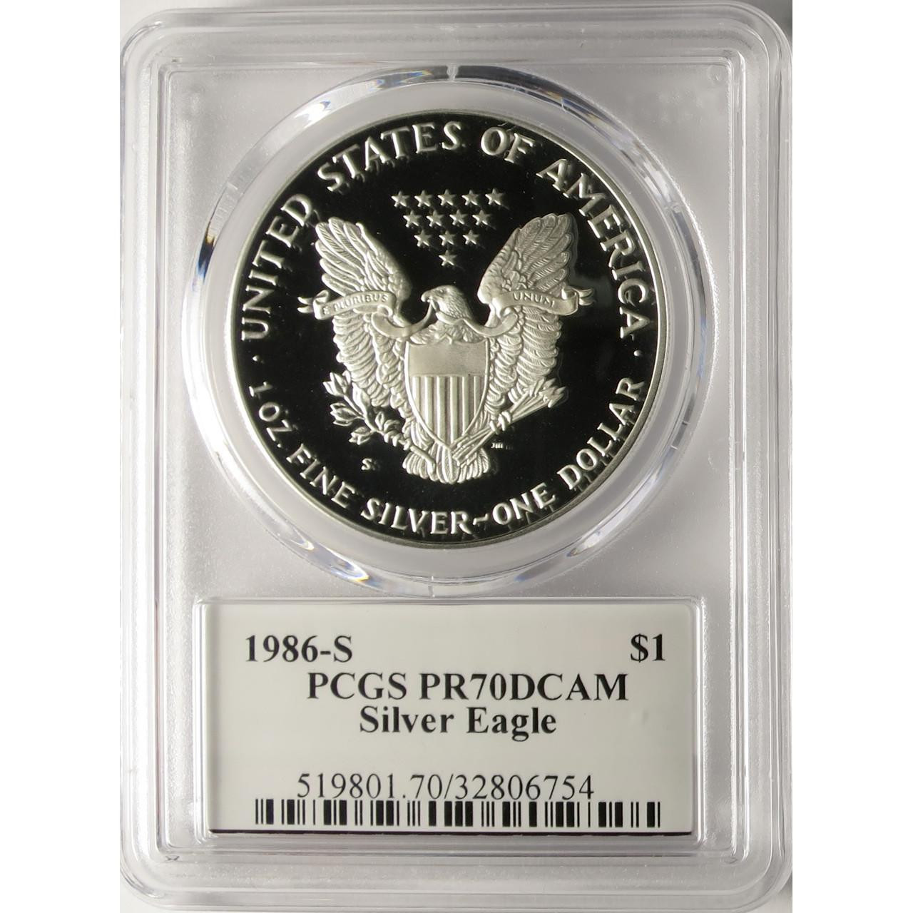 1986-S American Silver Eagle PCGS PR70 DCAM John Mercanti Signed