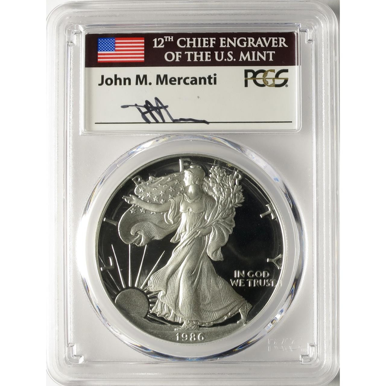 1986-S American Silver Eagle PCGS PR70 DCAM John Mercanti Signed