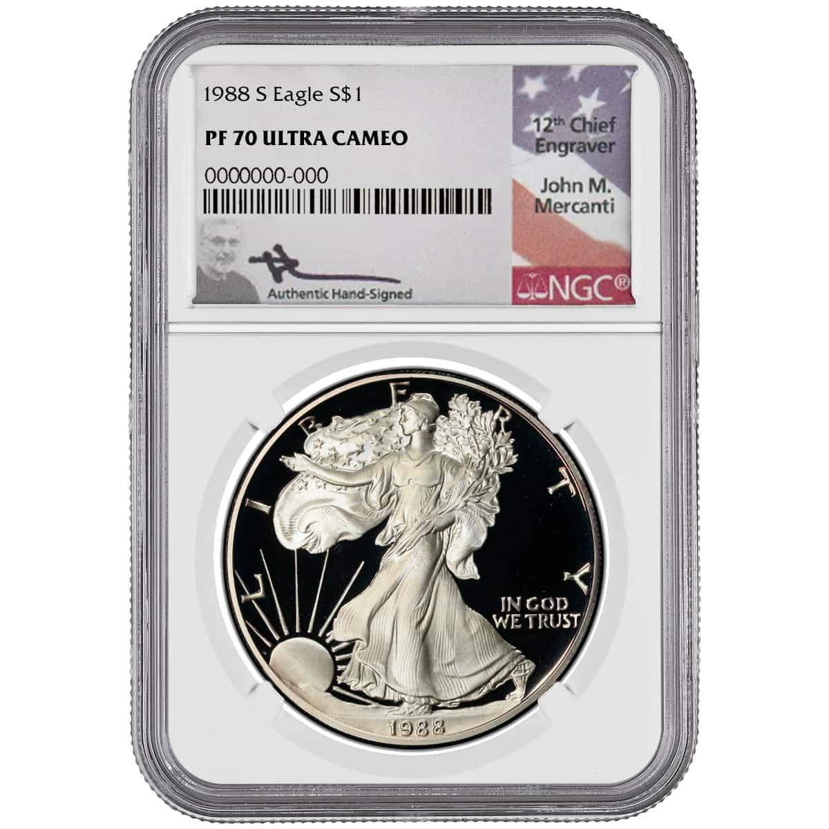 Bullionshark 1988-S Silver Eagle NGC PF70 UCAM John Mercanti Signed 