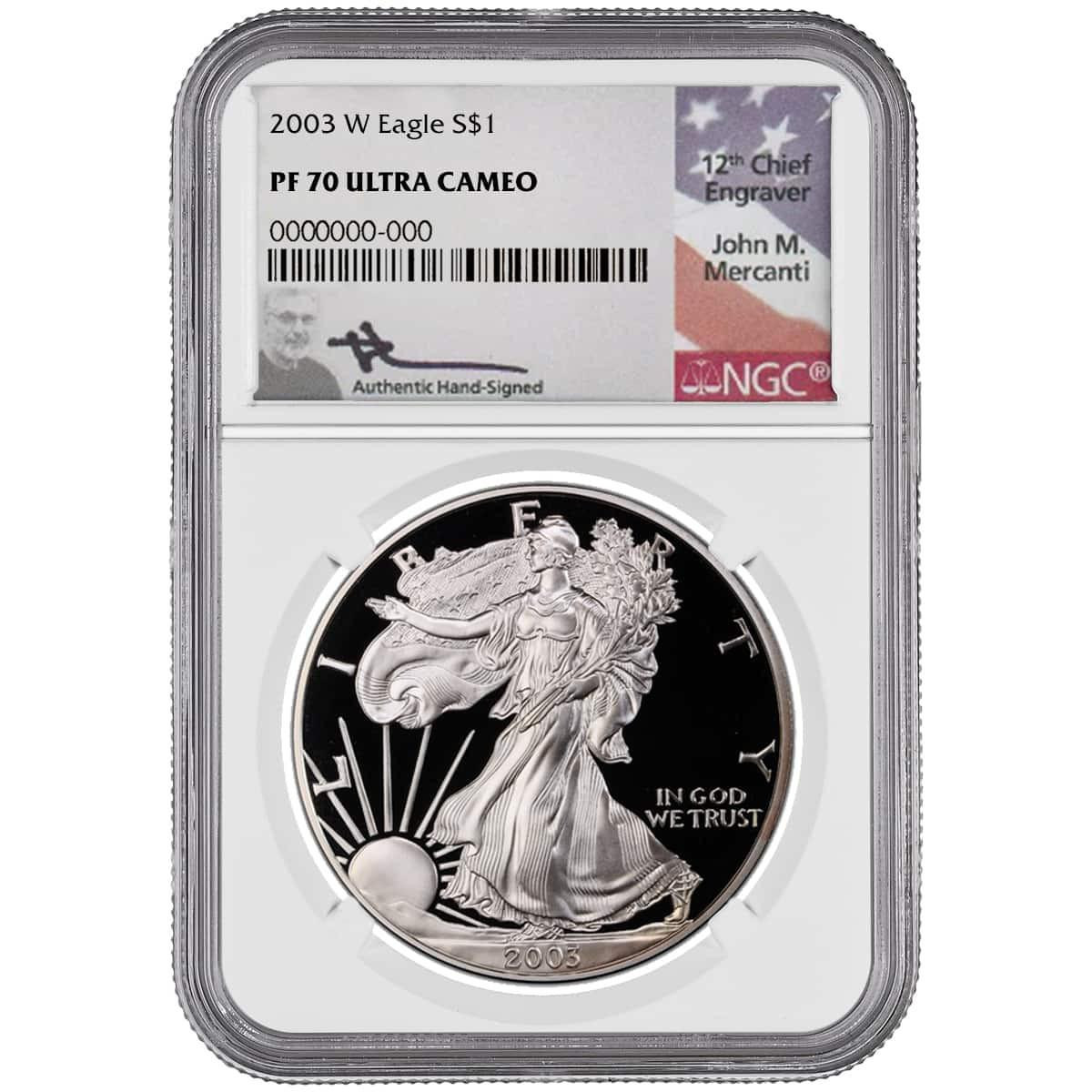 2003-W Silver Eagle NGC PF70 UCAM John Mercanti Signed - Bullion Shark