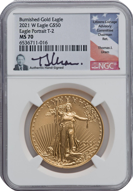 Bullionshark 2021-W $50 Burnished Gold Eagle NGC MS70 Thomas J Uram 