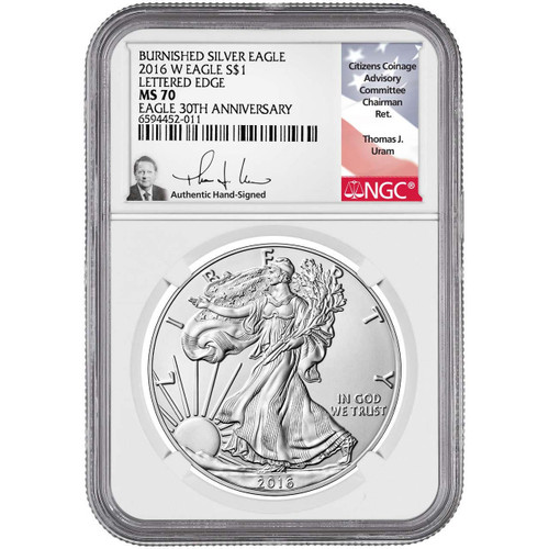 Bullionshark 2016 W Burnished Silver Eagle NGC MS70 Thomas Uram Signed (Lettered Edge) 