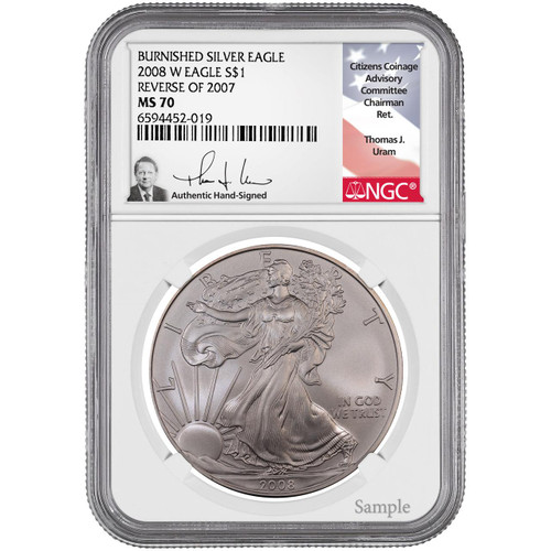 Bullionshark 2008 W Reverse of 2007 Burnished Silver Eagle NGC MS70 Thomas Uram Signed 