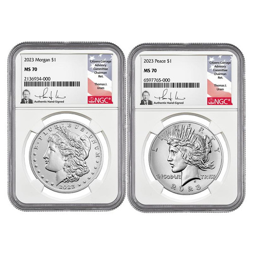 Bullionshark 2023 Morgan & Peace Dollar NGC MS70 Uram Signed - 2pc Set 