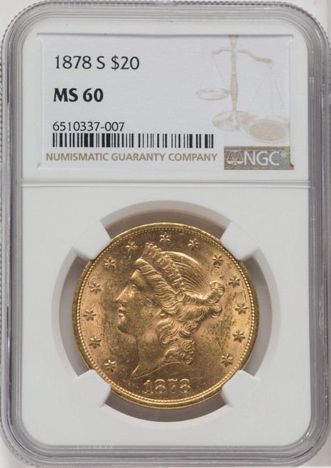 Bullionshark 1878-S $20 Gold Liberty NGC MS60