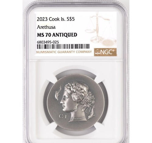 Bullionshark 2023 Cook Islands $5 Arethusa Antiqued 1oz Silver Coin NGC MS70 