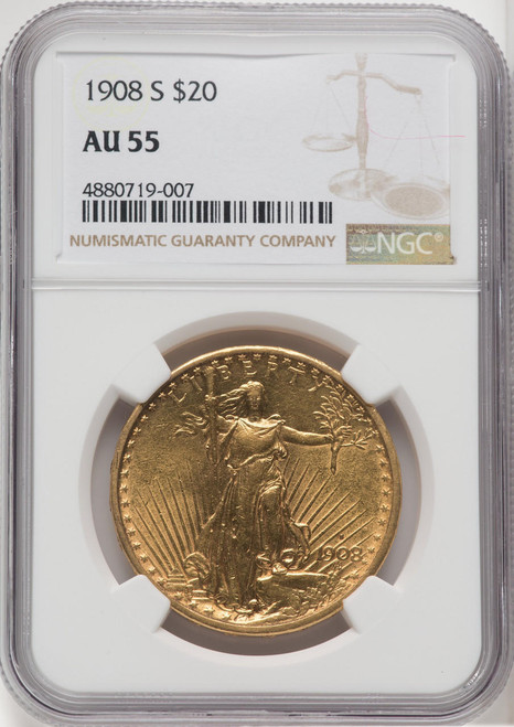 1908-sS $20 Saint Gaudens NGC AU55